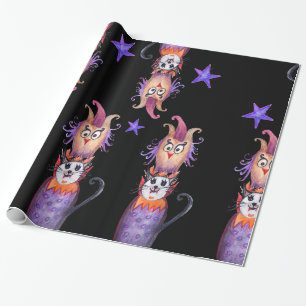 Halloween Time Uggla Cat Teckning Wrapping Papper Presentpapper
