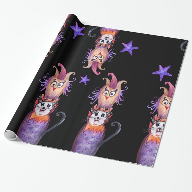 Halloween Time Uggla Cat Teckning Wrapping Papper Presentpapper (Utrullad)