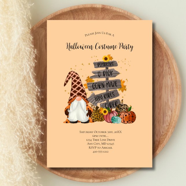 Halloween Tomtar, Höst, Pumpa, Halloweenfest Inbjudningar (Gnome Halloween Party Invitation Fall Autumn Parties. Printed or Digital Download)