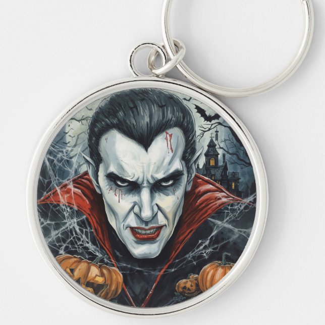 Halloween,Törstig Vampyr ,Pumpa Plock Rund Silverfärgad Nyckelring (Framsidan)