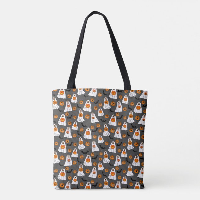 Halloween Tote Bag med Hund Spöken Pumpkins Tygkasse (Baksida)