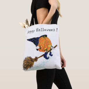 Halloween Tote Bag Witch Pumpkin Flies Broom Tygkasse