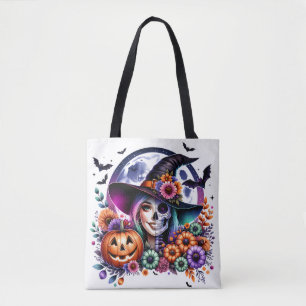 Halloween Tote med Witch och Skeleton Tygkasse