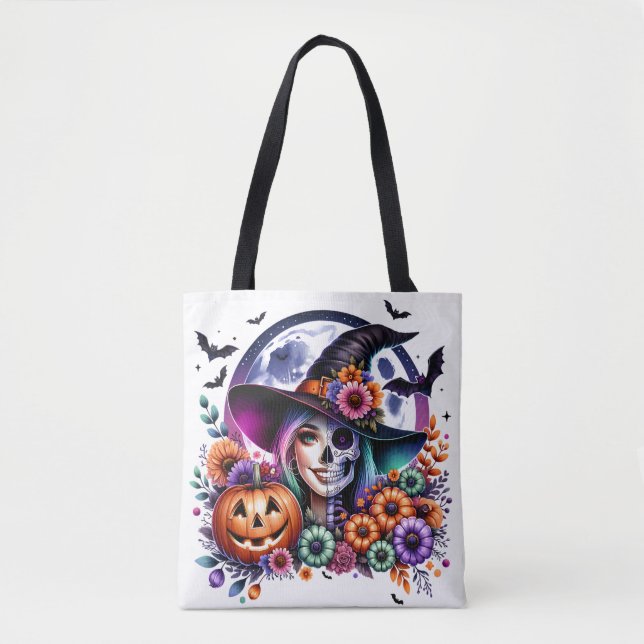 Halloween Tote med Witch och Skeleton Tygkasse (Framsida)