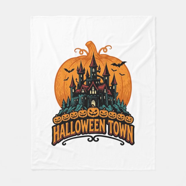 Halloween Town Vintage Hemsökt Slott Pumpa Desi Fleecefilt (Framsidan)