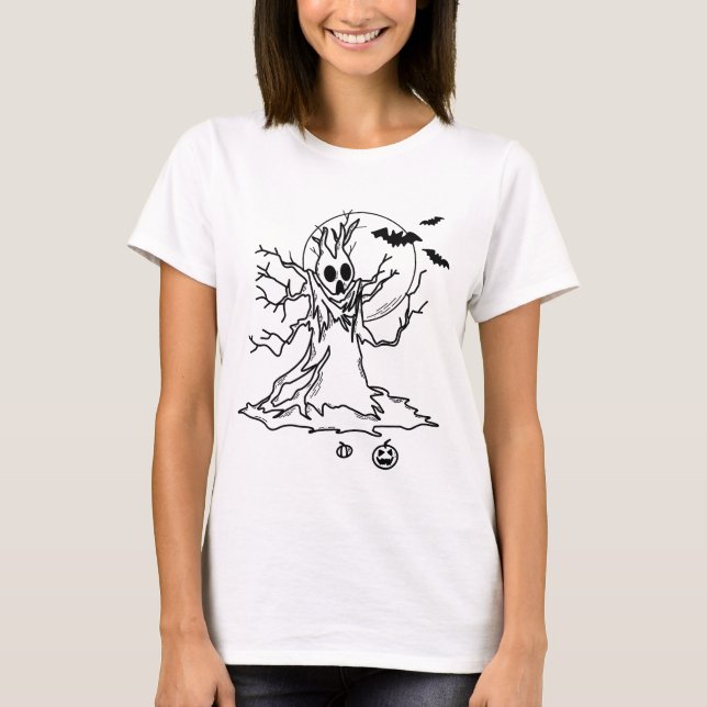 Halloween Träd med Antlers, Måne och Pumpkins T Shirt (Framsida)