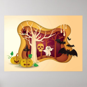 Halloween Träd Papercut Ghost & Skull Poster