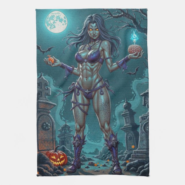 Halloween Treat eller Zombie Girlkompis w Brains Kökshandduk (Vertikal)