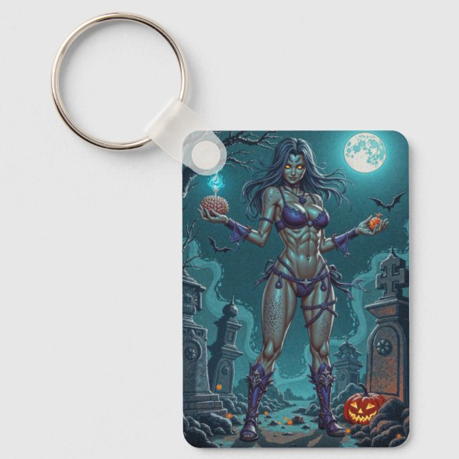 Halloween Treat eller Zombie Girlkompis w Brains Nyckelring (Framsida)