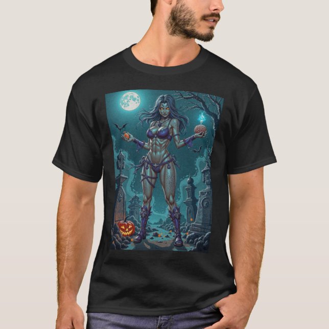 Halloween Treat eller Zombie Girlkompis w Brains T Shirt (Framsida)