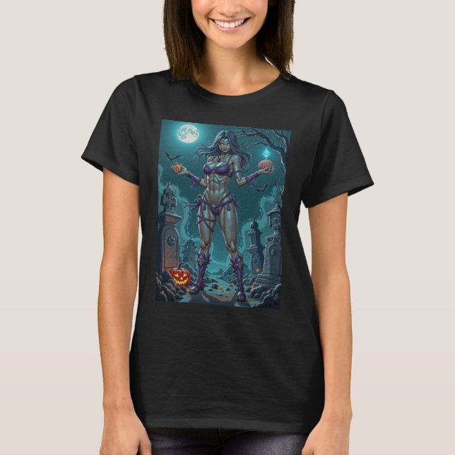 Halloween Treat eller Zombie Girlkompis w Brains T Shirt (Framsida)