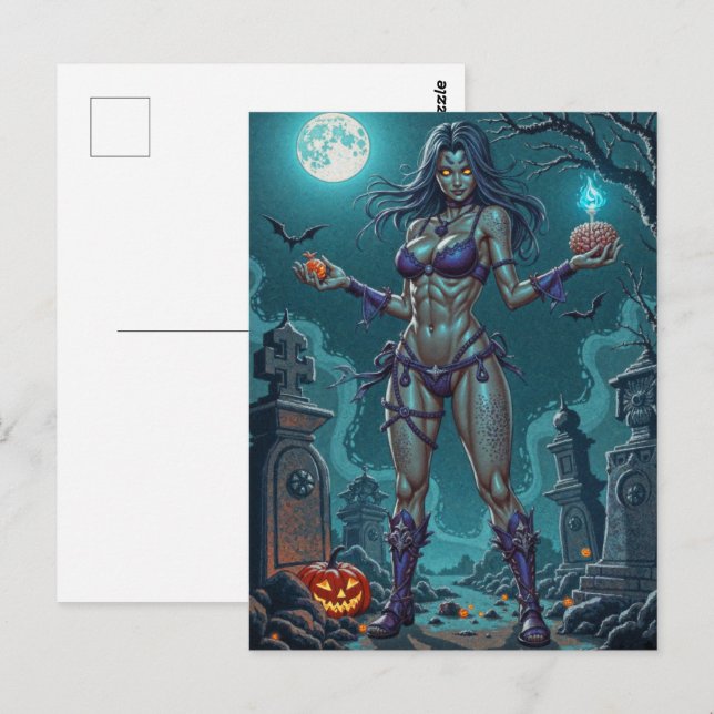 Halloween Treat eller Zombie Girlkompis w Brains Vykort (Fram/baksida)