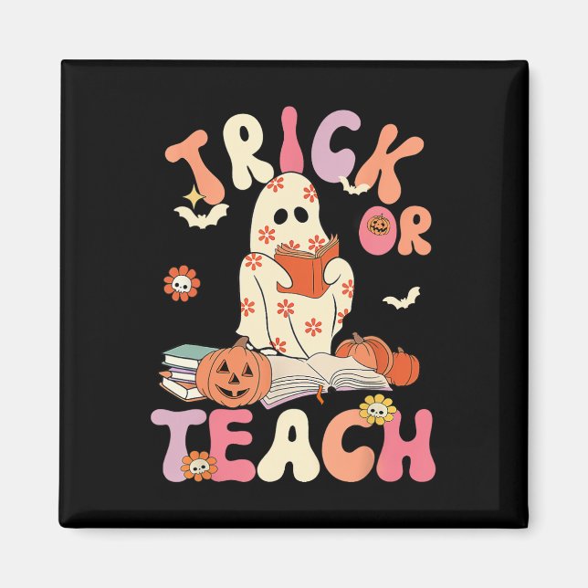 Halloween Trick eller Teach Retro Blommigt Ghost T Magnet (Framsidan)