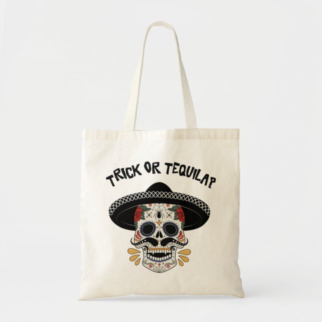 Halloween Trick eller Tequila Sugar Skull Sombrero Tygkasse (Framsidan)