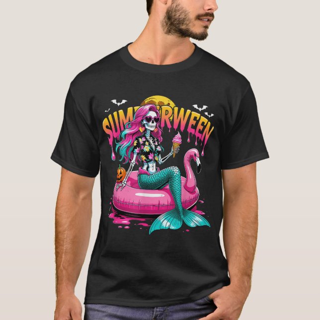 Halloween Tropisk Summerween Havsfruskelett  T Shirt (Framsida)