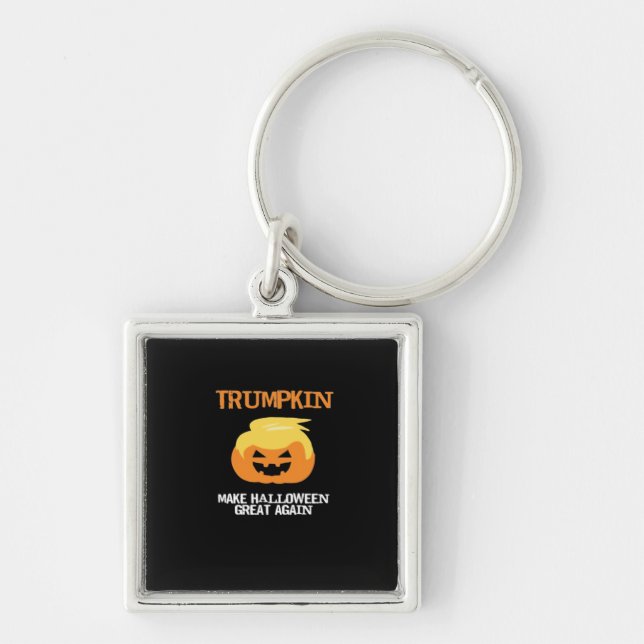 Halloween Trumpkin V3 Fyrkantig Silverfärgad Nyckelring (Framsidan)