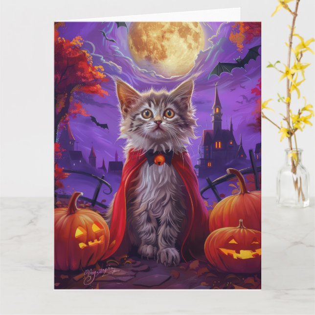 Halloween Turkisk angora-katt Vampire Pumpkin Scar Kort (Gul blomma)