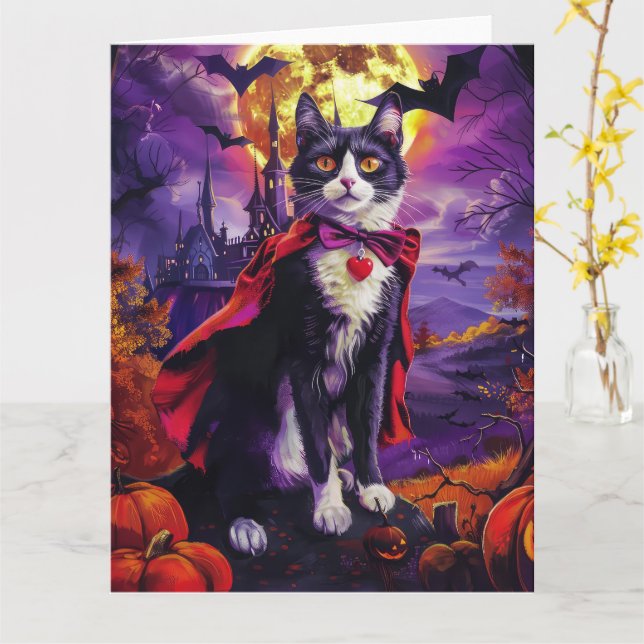 Halloween Tuxedo Cat Vampire Pumpkins Scary Kort (Gul blomma)