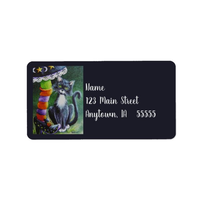 Halloween Tuxedo Cat & Witch Watercolor Art Adressetikett (Framsidan)
