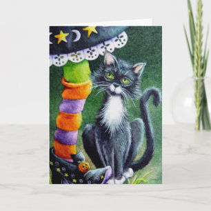 Halloween Tuxedo Cat & Witch Watercolor Art Kort