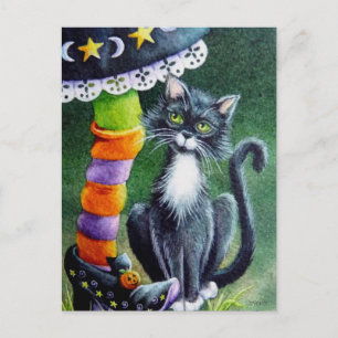 Halloween Tuxedo Cat & Witch Watercolor Art Vykort