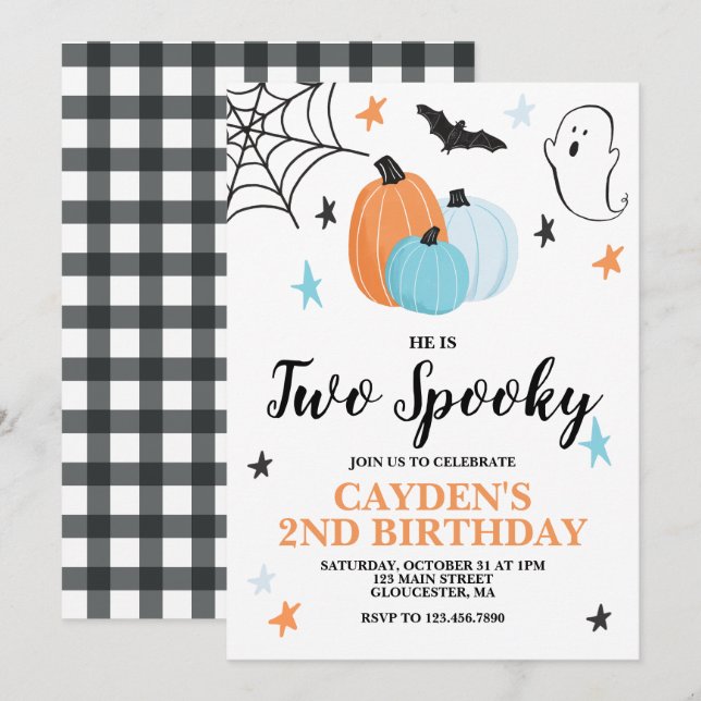 Halloween TVÅ Kuslig 2-års födelsedag Blå pumpor I Inbjudningar (Fram/baksida)
