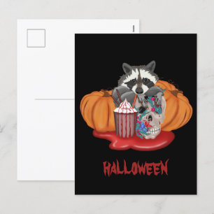 Halloween tvättbjörn med dödskalle och pumpor helg vykort