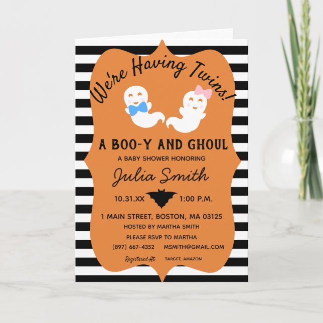 Halloween Twin Gender Reveal Inbjudan Boo-y eller  (Framsida)