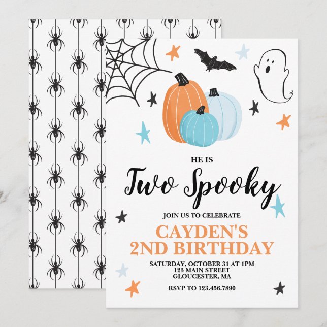 Halloween TWO Spooky 2ND Birthday Blue Pumpkins Inbjudningar (Fram/baksida)