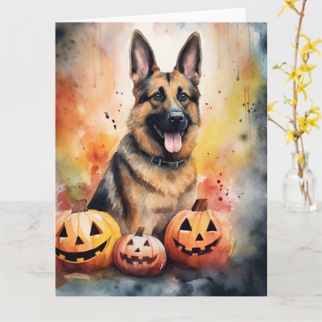Halloween tysk schäferhund med pumpor läskig  kort (Gul blomma)