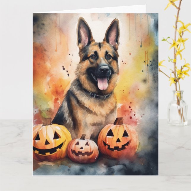 Halloween tysk schäferhund med pumpor läskig  kort (Gul blomma)