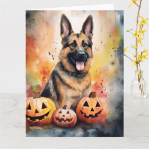 Halloween tysk shepherd med pumpor läskig kort