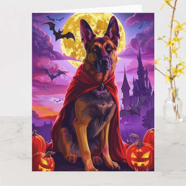 Halloween tysk shepherd vampyrpumpor läskig  kort (Gul blomma)