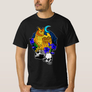Halloween Uggla Bird Blåa blommor med Döskallar Må T Shirt