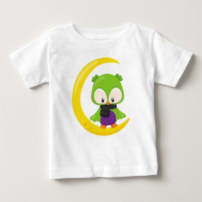 Halloween Uggla, Cute Uggla, Grönt Uggla, Måne, Sc T Shirt (Framsida)
