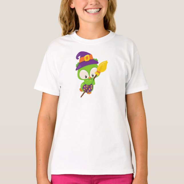Halloween Uggla, Cute Uggla, Grönt Uggla, Witch Br T Shirt (Framsida)