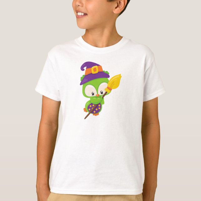 Halloween Uggla, Cute Uggla, Grönt Uggla, Witch Br T Shirt (Framsida)