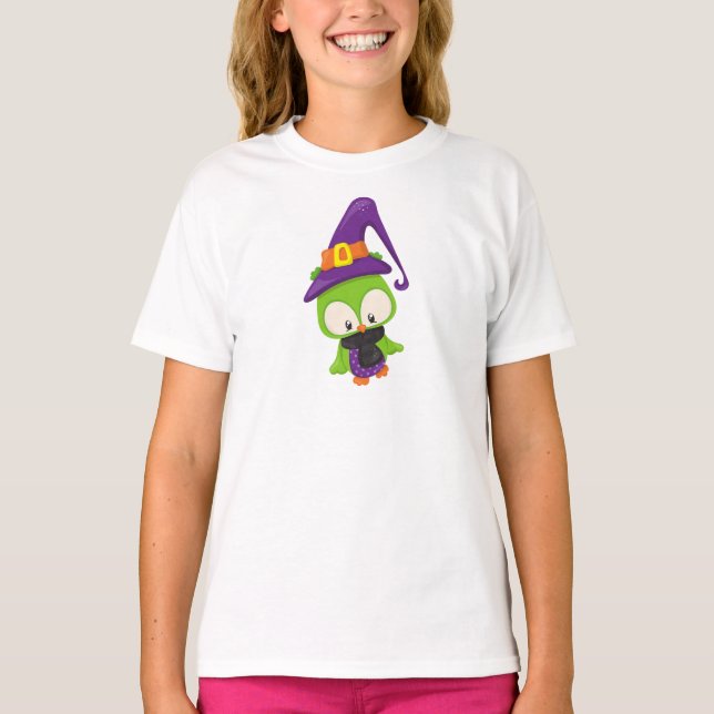 Halloween Uggla, Cute Uggla, Grönt Uggla, Witch Ha T Shirt (Framsida)