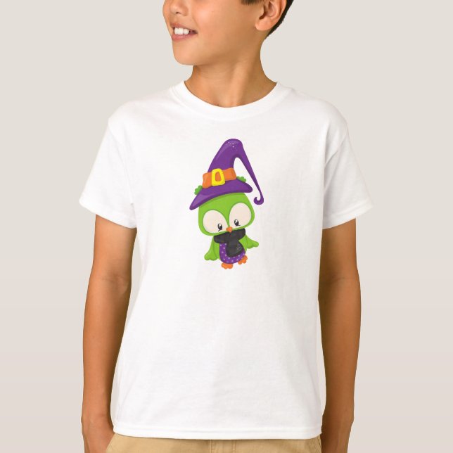 Halloween Uggla, Cute Uggla, Grönt Uggla, Witch Ha T Shirt (Framsida)