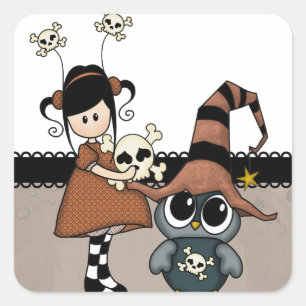Halloween Uggla & Girl med Döskallar, Cute! Fyrkantigt Klistermärke