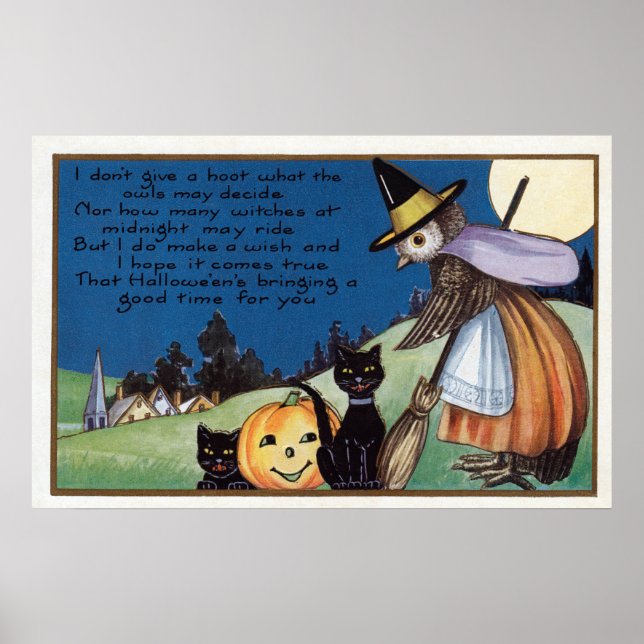 Halloween uggla häxa svarta katter vintage affisch (Framsidan)
