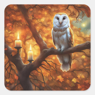 Halloween-uggla i höstlöv med ljus fyrkantigt klistermärke