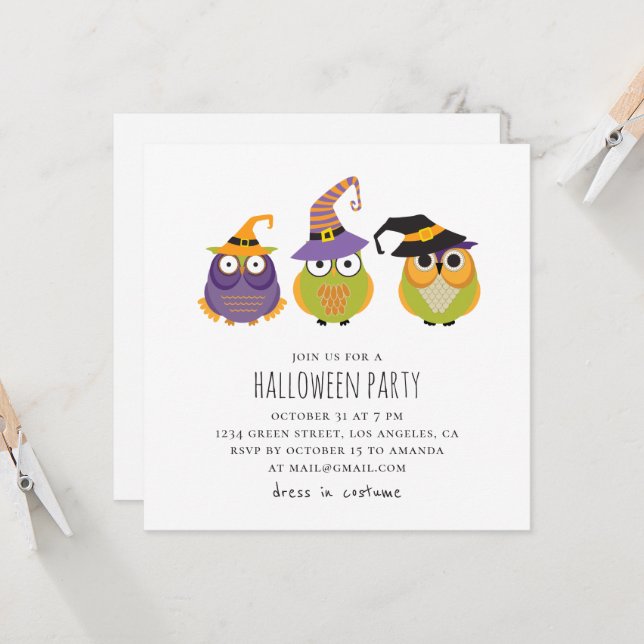 Halloween uggla. Lustiga barn kostar party. Djur Inbjudningar (Fram/Back In Situ)