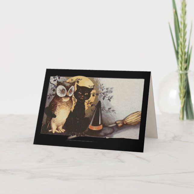 halloween uggla och ett gratulationskort för katt kort (Framsida)