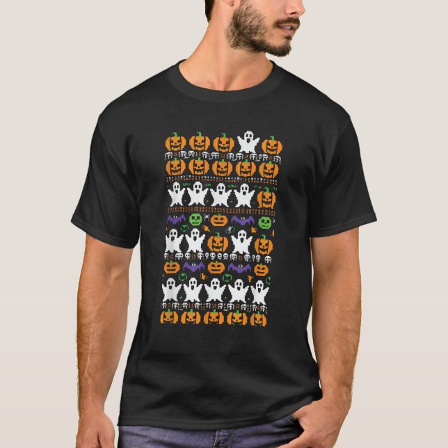 Halloween Ugly Sweater Pixel Ghost Mönster Spooky T Shirt (Framsida)