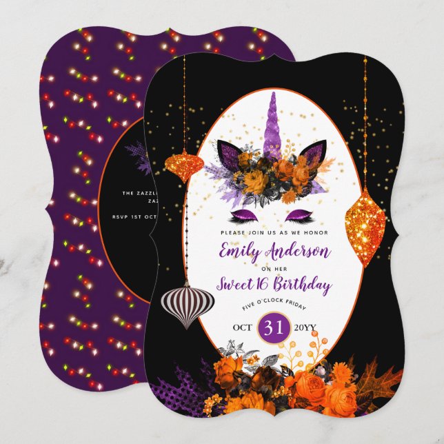 Halloween Unicorn Ansikte Birthday Lila Orange Gul Inbjudningar (Fram/baksida)