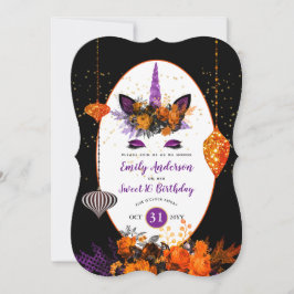Halloween Unicorn Ansikte Birthday Lila Orange Gul Inbjudningar