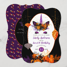 Halloween Unicorn Ansikte Birthday Lila Orange Gul Inbjudningar