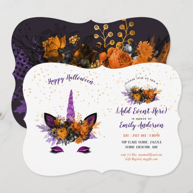 Halloween Unicorn Ansikte bjuder EY EVENT Inbjudningar (Fram/baksida)