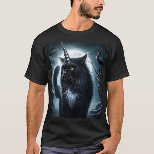 Halloween Unicorn Black Cat Haunted Forest T Shirt (Framsida)